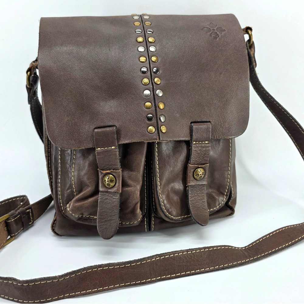 Patricia Nash Armeno Messenger Bag Brown Leather Studded Crossbody Boho Festival
